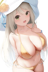 Rule 34 | 1girl, absurdres, bikini, blue archive, breasts, cleavage, cowboy shot, green eyes, hat, highres, large breasts, light brown hair, long hair, looking at viewer, nonomi (blue archive), nonomi (swimsuit) (blue archive), sausage (qqc33693), side-tie bikini bottom, simple background, solo, sun hat, swimsuit, white background, white hat, yellow bikini