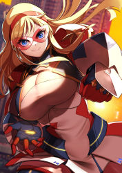 Rule 34 | 1girl, blonde hair, blue eyes, breasts, cleavage, cleavage cutout, closed mouth, clothing cutout, curvy, dress, dutch angle, eye mask, floating hair, fujioka yatsufusa, gloves, hairband, highres, kamen america (comic), kamen victory, large breasts, long hair, looking at viewer, short dress, sidelocks, smile, solo, star cutout, superhero costume, swept bangs, taut clothes, taut dress, upper body
