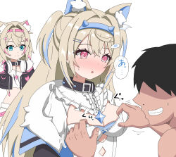 Rule 34 | 1boy, 2girls, animal ear fluff, animal ears, black collar, black jacket, blonde hair, blue eyes, blue hair, blush, breasts, collar, cropped jacket, cropped shirt, dog ears, dog girl, dress, faceless, faceless male, fang, fur-trimmed jacket, fur trim, fuwawa abyssgard, fuwawa abyssgard (1st costume), grabbing, grabbing another&#039;s breast, hair ornament, hairpin, headphones, headphones around neck, highres, hololive, hololive english, jacket, kohau1410, large breasts, mococo abyssgard, mococo abyssgard (1st costume), multicolored hair, multiple girls, open mouth, pink eyes, pink hair, shirt, short shorts, shorts, siblings, sisters, skin fang, small breasts, spiked collar, spikes, streaked hair, twins, virtual youtuber, white dress, white shirt, white shorts, x hair ornament