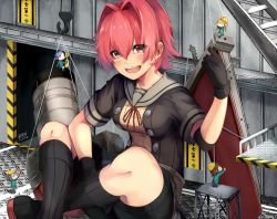 Rule 34 | 10s, 1girl, arm up, bike shorts, black footwear, black gloves, black jacket, boots, breasts, collarbone, crane (machine), crossed legs, fairy (kancolle), fingerless gloves, gloves, grey skirt, hair between eyes, hair intakes, jacket, kantai collection, kinu (kancolle), koruta (nekoimo), looking at viewer, machinery, medium breasts, mini person, minigirl, open mouth, pink eyes, pink hair, remodel (kantai collection), shirt, short hair, short sleeves, sitting, size difference, skirt, solo, stairs, stairwell, teeth, yellow shirt