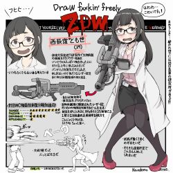 Rule 34 | 1girl, arrow (symbol), black pantyhose, blush, brown eyes, brown hair, collarbone, eyebrows, gun, high heels, highres, holding, holding gun, holding weapon, id card, ina (gokihoihoi), long hair, looking at viewer, multiple views, open mouth, original, pantyhose, red footwear, smile, speech bubble, sweatdrop, text focus, translation request, weapon