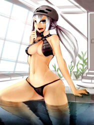 Rule 34 | 1girl, :d, at2., bikini, black bikini, breasts, cameltoe, criss-cross halter, female focus, grey hair, halterneck, hat, indoors, minecraft, navel, open mouth, partially submerged, personification, pool, poolside, rei no pool, sitting, skeleton (minecraft), smile, soaking feet, solo, swimsuit, twintails, water, window