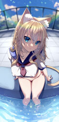 Rule 34 | 1girl, akino sora, animal ears, arm support, bikini, bikini under clothes, blonde hair, blue eyes, blue sailor collar, blurry, blurry background, breasts, cat ears, cat girl, cat tail, closed mouth, commentary request, covered erect nipples, day, depth of field, fence, fisheye, hair between eyes, highres, long hair, looking at viewer, medium breasts, original, outdoors, red bikini, sailor collar, shirt, short sleeves, side-tie bikini bottom, soaking feet, solo, swimsuit, tail, water, white shirt
