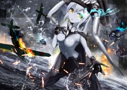 Rule 34 | 10s, 1girl, abyssal ship, aircraft, airplane, battle, bodysuit, can, cape, gloves, glowing, glowing eyes, hat, henet hene, kantai collection, long hair, ocean, open mouth, pale skin, silver hair, solo, weapon, wo-class aircraft carrier, yellow eyes