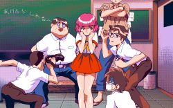 Rule 34 | 1990s (style), 1girl, 2 shot diary 2, 5boys, coke-bottle glasses, fat, fat man, game cg, glasses, mai (2 shot diary 2), may-be soft, multiple boys, pc98, pink hair, retro artstyle, tagme