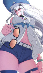 Rule 34 | 1girl, absurdres, animal hair ornament, arknights, bracelet, breasts, choker, commentary, cropped legs, unworn eyewear, from below, hat, highres, holding, holding removed eyewear, jewelry, kimo suna, long hair, navel, official alternate costume, parted lips, red eyes, shirt, short shorts, shorts, simple background, skadi (arknights), skadi (waverider) (arknights), smile, solo, sunglasses, thigh strap, white background, white hair, white shirt