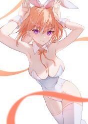Rule 34 | 1girl, animal ears, armpits, arms up, bare hips, bare shoulders, blurry, blurry foreground, breasts, cleavage, closed mouth, covered navel, cowboy shot, detached collar, fang, hair between eyes, highleg, highleg leotard, highres, large breasts, leaning to the side, leotard, looking at viewer, medium hair, nagi (pickles pipipi), neck ribbon, orange hair, orange ribbon, original, playboy bunny, purple eyes, rabbit ears, rabbit pose, ribbon, simple background, skin fang, smile, smirk, solo, strapless, strapless leotard, thigh gap, thighhighs, thighs, white background, white leotard, white thighhighs, wrist cuffs