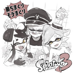 Rule 34 | + +, 3girls, agent 3 (splatoon), animal, bathhouse, black hair, blush, breasts, callie (splatoon), cleavage, collarbone, cousins, covering breasts, covering privates, domino mask, earrings, eyelashes, fangs, food, food-themed hair ornament, food on head, gloves, hair ornament, half-closed eyes, hat, holding, holding animal, holding shell, inkling, inkling girl, inkling player character, jewelry, looking at viewer, marie (splatoon), mask, mole, mole under eye, multiple girls, naughty face, nintendo, object on head, one eye closed, open mouth, patchwork clothes, peaked cap, pervert, shell, sketch, smile, splatoon (series), splatoon 3, sports bra, spot color, squidbeak splatoon, star-shaped pupils, star (symbol), super sea snail, sweatdrop, symbol-shaped pupils, tareme, tentacle hair, ter (otokoter), thick eyebrows, tile wall, tiles, tongue, tongue out, topless, tsurime, white hair, yellow eyes
