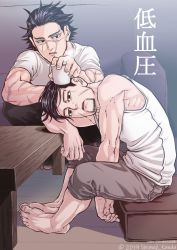 Rule 34 | 2boys, alternate costume, arm rest, bare arms, black eyes, black hair, brown shorts, casual, coffee mug, cup, decoy00xx, expressionless, facial hair, facial scar, feet together, full body, goatee, golden kamuy, hair strand, knees apart feet together, looking at another, male focus, messy hair, mug, multiple boys, no headwear, no headwear, ogata hyakunosuke, scar, scar on arm, scar on cheek, scar on face, shirt, short hair, shorts, sitting, stubble, sugimoto saichi, table, tank top, translation request, white shirt, white tank top, wooden table