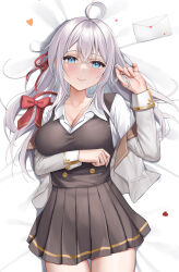 1girl absurdres ahoge alisa_mikhailovna_kujou bed_sheet blue_eyes breasts cleavage closed_mouth collarbone collared_shirt cowboy_shot dakimakura_(medium) from_above green_sweater_vest grey_skirt hair_ribbon heart highres keine09 large_breasts letter light_smile long_hair looking_at_viewer love_letter lying miniskirt on_back playing_with_own_hair pleated_shirt red_ribbon ribbon school_uniform shirt skirt solo sweater_vest tokidoki_bosotto_roshia-go_de_dereru_tonari_no_alya-san white_hair white_shirt