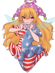 Rule 34 | 1girl, absurdres, ahoge, alternate hair color, american flag dress, american flag pants, american flag print, blush, breasts, clownpiece, commentary request, dress, eyes visible through hair, fairy wings, fang, hair between eyes, hands up, hat, highres, jester cap, jumping, long hair, looking to the side, mugi (mugimugi 9kv), neck ruff, no shoes, open mouth, orange hair, pants, polka dot, print pants, purple eyes, purple hat, short sleeves, simple background, small breasts, smile, solo, star (symbol), star print, striped clothes, striped dress, striped pants, tongue, touhou, white background, wings