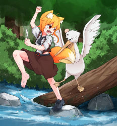 Rule 34 | 1girl, anger vein, animal ear fluff, animal ears, asymmetrical hair, barefoot, bird, black footwear, black neckwear, blonde hair, brown skirt, brown vest, bush, collared shirt, commentary request, cookie (touhou), feathers, fighting, forest, fox ears, fox girl, fox tail, full body, head bump, highres, holding, holding feather, log, medium hair, miramikaru riran, nature, necktie, open mouth, outdoors, pelican, red eyes, river, rock, shirt, shoes, short sleeves, sidelocks, single shoe, skirt, tail, tree, vest, water, white shirt, yan pai