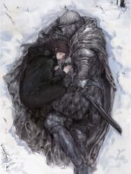 Rule 34 | 1girl, 1other, absurdres, ambiguous gender, armor, black cape, black cloak, breath, brown hair, cape, cloak, closed eyes, covered face, curled up, day, elden ring, facial mark, fetal position, from above, full armor, full body, gauntlets, greaves, grey cape, hand on another&#039;s hand, hand on hand, helm, helmet, highres, hood, hood down, hooded cloak, knight, lying, melina (elden ring), on ground, on side, outdoors, pauldrons, qiqiqiqi, short hair, shoulder armor, snow, sword, tarnished (elden ring), weapon