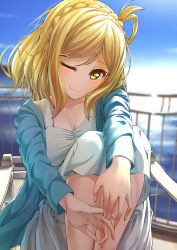 Rule 34 | 1girl, blonde hair, blush, braid, breasts, cleavage, crown braid, day, dress, hair rings, highres, knee up, knees to chest, legs together, looking at viewer, love live!, love live! school idol festival, love live! sunshine!!, medium breasts, medium hair, ocean, ohara mari, one eye closed, outdoors, prbili, railing, sitting, sky, smile, solo, tagme, water, white dress, yellow eyes