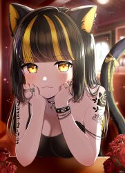 Rule 34 | 1girl, animal ears, arm tattoo, cat ears, cat girl, cat tail, earrings, highres, jewelry, looking at viewer, multicolored hair, nikon (user aznh7528), original, piercing, shoulder tattoo, streaked hair, tail, tattoo