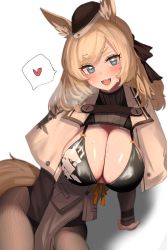 Rule 34 | 1girl, 360 (taiyo360), :d, absurdres, animal ear fluff, animal ears, arknights, arm support, between legs, bikini, black bikini, black hat, blonde hair, blue eyes, blush, breasts, brown capelet, brown pantyhose, capelet, cleavage, front-tie bikini top, front-tie top, garrison cap, hand between legs, hat, head tilt, heart, heavy breathing, highres, horse ears, horse girl, horse tail, large breasts, long hair, long sleeves, looking at viewer, open mouth, orange ribbon, pantyhose, reclining, ribbon, simple background, smile, solo, speech bubble, spoken heart, sweat, swept bangs, swimsuit, tail, whislash (arknights), white background