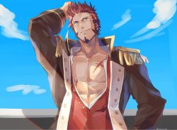 Rule 34 | 1boy, beard, blue eyes, brown hair, commentary request, day, epaulettes, facial hair, fate/grand order, fate (series), hand in own hair, hoshi rasuku, long sideburns, long sleeves, looking at viewer, male focus, military, napoleon bonaparte (fate), open clothes, pectorals, scar, sky, smile, solo, uniform