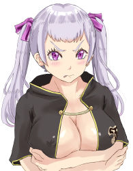 Rule 34 | 1girl, angry, arms under breasts, black clover, blush, breast press, breasts, cleavage, cloak, closed mouth, covered breasts, covered erect nipples, crossed arms, embarrassed, glaring, grey hair, hair ribbon, highres, large breasts, long hair, looking at viewer, no bra, noelle silva, purple eyes, ribbon, simple background, solo, tongue, tongue out, tukemen gyokai, twintails, upper body, white background
