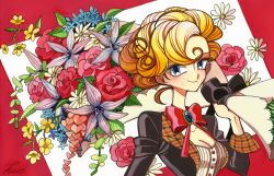 Rule 34 | 1girl, black bow, black jacket, blonde hair, blue eyes, blue flower, bouquet, bow, breasts, cleavage, closed mouth, floral background, flower, hand up, holding, holding bouquet, jacket, looking at viewer, marker (medium), medium breasts, meremero, original, pink flower, pink rose, purple flower, red flower, red rose, rose, shirt, short hair, smile, solo, traditional media, upper body, white flower, white shirt, yellow flower