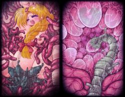 Rule 34 | artist request, belly, blonde hair, breasts, closed eyes, egg, egg laying, inside creature, large breasts, long hair, monster, navel, nipples, nude, open mouth, ovipositor, pregnant, restrained, screaming, shouting, slime, source request, tentacle pit, tentacles, trapped, uterus, vaginal, valkyrie, vore