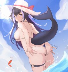 Rule 34 | 1girl, :p, a-o a, absurdres, artist name, ass, bikini, black hair, blue bikini, blue sky, breasts, cetacean tail, cloud, commentary, facial tattoo, fins, fish tail, halterneck, hand on own ass, hat, highres, indie virtual youtuber, large breasts, long hair, looking at viewer, multicolored hair, orca girl, purple eyes, shrimp, shylily, sky, streaked hair, sun hat, swimsuit, tail, tattoo, thigh strap, tongue, tongue out, virtual youtuber, wading, water, white hair