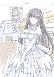 Rule 34 | 10s, 1girl, aoki hagane no arpeggio, black hair, breasts squeezed together, breasts, cleavage, control tower, gun, hime cut, kaname aomame, large breasts, long hair, see-through, ship, sketch, smile, solo, thighhighs, turret, watercraft, weapon, yamato (aoki hagane no arpeggio)