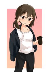 Rule 34 | 1girl, absurdres, barashiya, black jacket, black pants, blush, brown eyes, brown hair, casual, closed mouth, coffee cup, commentary, cowboy shot, cup, disposable cup, girls und panzer, gradient background, hand in own hair, head tilt, highres, holding, holding cup, jacket, jacket on shoulders, light blush, long sleeves, looking at viewer, nishizumi maho, outside border, pants, pink background, shirt, short hair, smile, solo, standing, t-shirt, white shirt