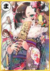 Rule 34 | 2girls, alternate costume, arm up, asymmetrical bangs, black hair, black nails, blush, blush stickers, bob cut, brown eyes, brown hair, clothed pokemon, cosplay, creatures (company), e-co, eyelashes, fur, game freak, gastrodon, gastrodon (cosplay), gen 4 pokemon, gen 8 pokemon, gloria (pokemon), green eyes, highres, holding, japanese clothes, kimono, looking at viewer, marnie (pokemon), morpeko, morpeko (full), multiple girls, nail polish, nintendo, on shoulder, pokemon, pokemon (creature), pokemon on shoulder, pokemon swsh, short eyebrows, short hair, wide sleeves