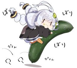 Rule 34 | 1girl, :t, antenna hair, black jacket, braid, chibi, closed mouth, commentary request, cucumber, cucumber slice, dress, eating, food-themed hair ornament, full body, grey dress, hair between eyes, hair ornament, highres, jacket, jumping, kizuna akari, long hair, long sleeves, milkpanda, mini person, minigirl, orange pantyhose, pantyhose, puffy cheeks, puffy long sleeves, puffy sleeves, shadow, silver hair, solo, striped clothes, striped pantyhose, sweat, translation request, twin braids, twintails, vertical-striped clothes, vertical-striped pantyhose, very long hair, voiceroid, wavy mouth, white background, | |