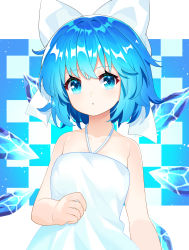 Rule 34 | 1girl, absurdres, alternate costume, blue eyes, blue hair, bow, cirno, dress, eyebrows, eyelashes, hair bow, highres, ice, ice wings, looking at viewer, off-shoulder dress, off shoulder, short hair, sleeveless, solo, touhou, upper body, white bow, white dress, wings, yuujin (yuzinn333)