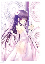 Rule 34 | 1girl, arms up, backless dress, backless outfit, bare shoulders, black hair, blush, bouquet, dress, drill hair, ear visible through hair, flower, hair between eyes, hair flower, hair ornament, highres, holding, long hair, looking at viewer, mashita touma, no panties, non-web source, purple dress, red eyes, scan, see-through, shiratama (shiratamaco), shoulder blades, sidelocks, solo, standing, turning head, zutto sukishite takusan sukishite