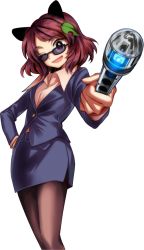 Rule 34 | 1girl, alternate costume, animal ears, brown hair, formal, futatsuiwa mamizou, harukawa moe, holding, jacket, leaf, leaf on head, looking at viewer, men in black, mib mamizou, miniskirt, neuralyzer, office lady, official art, one eye closed, open mouth, pantyhose, parody, pencil skirt, raccoon ears, short hair, skirt, skirt suit, solo, suit, sunglasses, touhou, transparent background, urban legend in limbo, white background