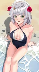 Rule 34 | 1girl, absurdres, beach, black one-piece swimsuit, blunt bangs, blush, breasts, cleavage, day, flower, genshin impact, green eyes, grey hair, haerge, hair flower, hair ornament, highres, looking at viewer, looking up, maid headdress, medium breasts, noelle (genshin impact), one-piece swimsuit, open mouth, outdoors, red flower, red rose, rose, sand, shore, short hair, sitting, smile, solo, swimsuit, two-tone one-piece swimsuit, water