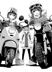 Rule 34 | 3girls, :d, afro (kngotezo), beanie, blunt bangs, boots, closed mouth, commentary request, cross-laced footwear, gloves, greyscale, hat, helmet, honda ape, kagamihara nadeshiko, lace-up boots, looking at viewer, monochrome, motor vehicle, motorcycle, motorcycle helmet, multiple girls, open mouth, scooter, shima rin, simple background, smile, standing, toki ayano, white background, yamaha vino, yurucamp
