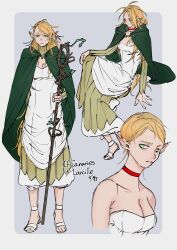 Rule 34 | 1girl, alternate costume, alternate hairstyle, alternate universe, ambrosia (dungeon meshi), bags under eyes, blonde hair, border, breasts, choker, cleavage, cloak, cosplay, dress, dungeon meshi, elf, english text, gorget, green cloak, green eyes, grey background, highres, holding, holding staff, hood, hooded cloak, i9ipguya, long hair, looking at viewer, marcille donato, medium breasts, messy hair, multiple views, notched ear, pointy ears, robe, short hair, simple background, solo, staff, strapless, strapless dress, white border, white dress