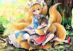 Rule 34 | 2girls, :3, acrylic paint (medium), animal ears, artist name, blonde hair, bobby socks, book, brown hair, cat ears, chen, colored pencil (medium), dated, closed eyes, forest, fox tail, frilled skirt, frills, hat, loafers, long sleeves, looking at viewer, mosho, moss, multiple girls, multiple tails, nature, outdoors, painting (medium), shoes, short hair, signature, sitting, skirt, sleeping, sleeping on person, socks, tabard, tail, touhou, traditional media, tree, two tails, watercolor (medium), yakumo ran, yellow eyes, zzz
