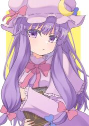Rule 34 | 1girl, :/, blue bow, book, bow, crescent, crescent hat ornament, dress, frilled sleeves, frills, hair bow, hat, hat ornament, highres, holding, holding book, long hair, long sleeves, looking at viewer, mob cap, momitoekk, patchouli knowledge, purple dress, purple eyes, purple hair, purple hat, red bow, solo, touhou, upper body
