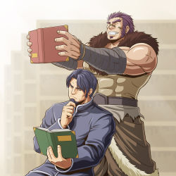 Rule 34 | abs, bandages, bara, beard, blue hair, closed eyes, facial hair, fire emblem, fire emblem: new mystery of the emblem, frey (king&#039;s raid), freyr (reginleiv), library, male focus, mature male, muscular, muscular male, nintendo, pants, purple hair, reading, scar, scar on arm, sitting, smile, thick eyebrows, tight clothes, ymir (shingeki no kyojin), zelo-lee