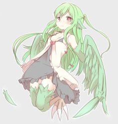 Rule 34 | 1girl, feathers, female focus, full body, green hair, harpy, head wings, monster girl, naya, pink eyes, simple background, smile, solo, two side up, wings