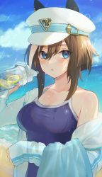 Rule 34 | 1girl, :o, animal ears, beach, blue eyes, blue one-piece swimsuit, blue sky, blush, bottle, breasts, brown hair, character request, cheval grand (umamusume), collarbone, commentary request, competition school swimsuit, day, ears through headwear, food, fruit, hat, highres, holding, holding bottle, horse ears, jacket, kkokko, lemon, lemon slice, lens flare, medium breasts, multicolored hair, ocean, off shoulder, one-piece swimsuit, open clothes, open jacket, outdoors, parted lips, peaked cap, school swimsuit, short hair, single bare shoulder, sky, sleeves past wrists, solo, sparkle, streaked hair, swimsuit, towel, track jacket, two-tone hair, umamusume, unzipped, upper body, water, white hair, white hat, white jacket