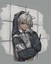 Rule 34 | 1girl, absurdres, animal ears, arknights, ascot, black jacket, blue eyes, dark-skinned female, dark skin, extra ears, gloves, grey ascot, grey gloves, grey hair, grey shirt, hand up, highres, hood, hood up, hooded jacket, horse ears, horse girl, jacket, looking at viewer, official alternate costume, open clothes, open jacket, shirt, short hair, smirk, solo, tile wall, tiles, tubuan (tubuan03), tuye (arknights), tuye (cultivate vegetation) (arknights), upper body