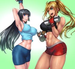 Rule 34 | 2girls, :d, abs, armpits, arms behind head, bare shoulders, black hair, black tank top, blonde hair, blue shorts, breasts, closed mouth, commentary request, dumbbell, dumbbell nan kilo moteru?, gloves, green eyes, high ponytail, large breasts, long hair, multiple girls, muscular, muscular female, open mouth, ponytail, red gloves, red shorts, sadakage, sakura hibiki, shorts, sideboob, smile, souryuuin akemi, stretching, sweat, tan, tank top, thighs
