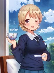 Rule 34 | 10s, 1girl, blonde hair, blue eyes, blue skirt, blue sweater, blush, braid, breasts, chair, cloud, cloudy sky, collared shirt, cup, darjeeling (girls und panzer), day, dress shirt, emblem, girls und panzer, hand up, holding, holding cup, long sleeves, looking at viewer, mikomiko (mikomikosu), necktie, one eye closed, open mouth, pillow, pleated skirt, saucer, school uniform, shirt, short hair, sitting, skirt, sky, smile, solo, st. gloriana&#039;s (emblem), sweater, teacup, tree, twin braids, upper body, v-neck, white shirt, window