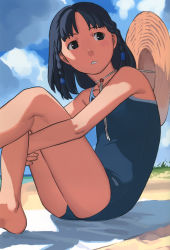 Rule 34 | 1girl, bare legs, bare shoulders, beach, black eyes, black hair, braid, casual one-piece swimsuit, cloud, day, hat, highres, hugging own legs, one-piece swimsuit, original, outdoors, parted lips, school swimsuit, sitting, sky, solo, sun hat, swimsuit, takamichi, twin braids