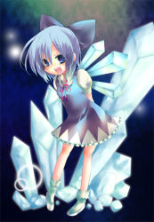 Rule 34 | 1girl, arms behind back, blue eyes, blue hair, bow, child, cirno, dress, embodiment of scarlet devil, hair bow, ice, matching hair/eyes, open mouth, pochi-t, pochi t, ribbon, shoes, short hair, socks, solo, touhou, wings
