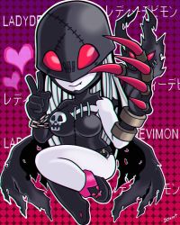 Rule 34 | chibi, claws, colored skin, digimon, grey skin, ladydevimon, long hair, nail polish, nails, red eyes, red nails, smile, v