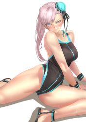 Rule 34 | 1girl, asymmetrical hair, bare shoulders, black one-piece swimsuit, blue eyes, blue one-piece swimsuit, blush, breasts, bun cover, closed mouth, collarbone, competition swimsuit, covered navel, embarrassed, fate/grand order, fate (series), hair bun, head tilt, highleg, highleg swimsuit, highres, invisible chair, kilye kairi, large breasts, leaning to the side, long hair, looking at viewer, miyamoto musashi (fate), miyamoto musashi (swimsuit berserker) (first ascension) (fate), one-piece swimsuit, pink hair, sandals, scowl, simple background, single side bun, sitting, skindentation, smile, solo, spread legs, swept bangs, swimsuit, thighs, two-tone swimsuit, v-shaped eyebrows, wet, white background, wristband