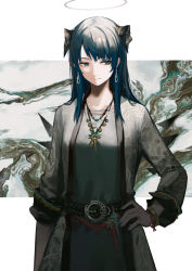 Rule 34 | 1girl, abstract background, alternate costume, arknights, belt, belt buckle, blue eyes, blue hair, border, buckle, coat, commentary, demon horns, dress, earrings, grey background, grey dress, halo, hand on own hip, horns, huanxiang heitu, jewelry, long hair, looking to the side, mostima (arknights), muted color, necklace, open clothes, open coat, sidelocks, smile, solo, symbol-only commentary, upper body, white coat