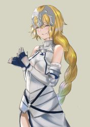 Rule 34 | 1girl, absurdres, armor, armored dress, belt, blonde hair, braid, braided ponytail, breasts, chain, clapping, closed mouth, eyebrows hidden by hair, fate/apocrypha, fate/grand order, fate (series), grey background, headpiece, highres, jeanne d&#039;arc (fate), jeanne d&#039;arc (ruler) (fate), long hair, looking at viewer, ponytail, simple background, smile, solo, taruto (takug0812)
