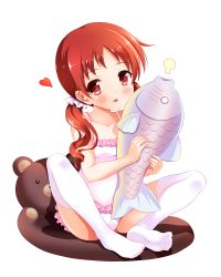 Rule 34 | 1girl, puff of air, bare arms, bare shoulders, blush, breasts, collarbone, commentary request, feet, frilled swimsuit, frills, full body, gochuumon wa usagi desu ka?, hair ornament, hair scrunchie, heart, highres, holding, holding stuffed toy, long hair, looking at viewer, natsu megumi, no shoes, one-piece swimsuit, open mouth, parted bangs, red eyes, red hair, scrunchie, shadow, simple background, sitting, small breasts, smile, solo, spread legs, stuffed animal, stuffed fish, stuffed toy, swimsuit, teddy bear, thighhighs, twintails, wavy hair, white background, white one-piece swimsuit, white thighhighs, yagami-all hail nanao